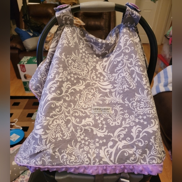 Car Seat Canopy Cover | Gray & White Paisley Printed w/ Lavender Minky Fabric - Picture 1 of 6